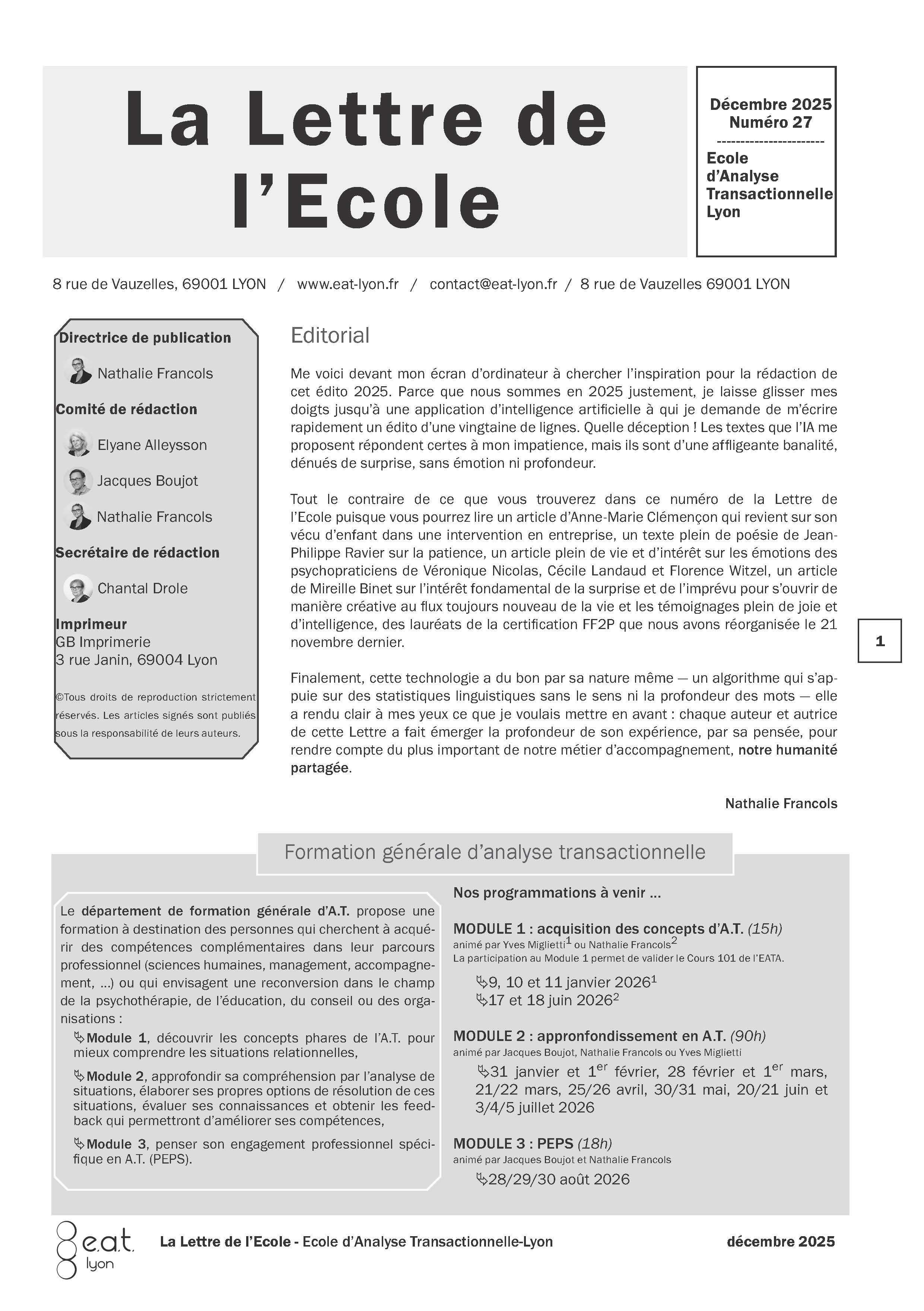 La lettre de l'école n°27 - Décembre 2025